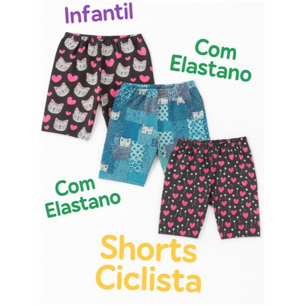 Kit C/ 3 Shorts Legging Cilclista Infantil Estampadas de Suplex Com Elastano