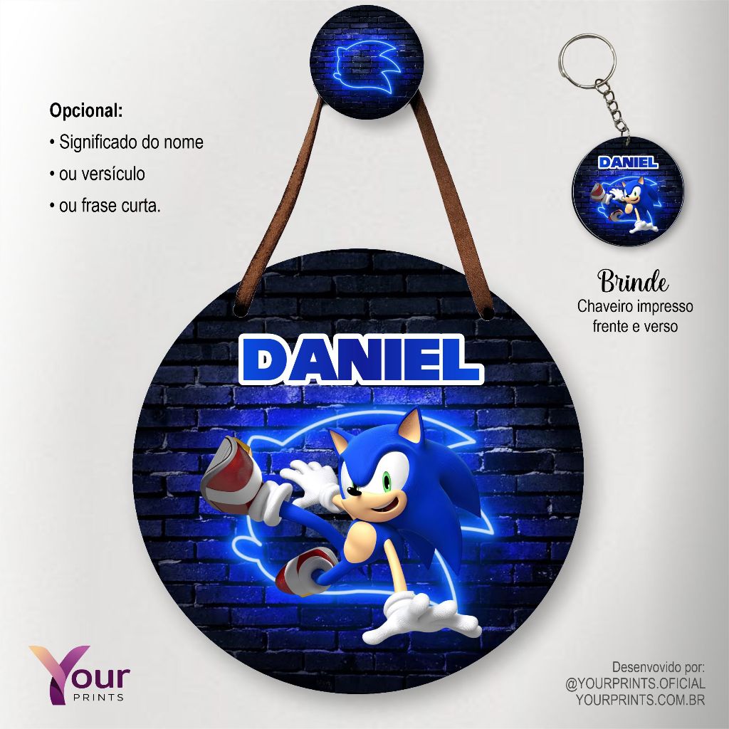 Enfeite Placa de Porta Quarto Sonic – Personalizado Nome + Chaveiro de Brinde - Presente Criativo Sonic