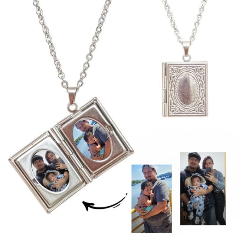 Relicário Livro + Corrente de 45 cm em Aço Inox com 2 Fotos + Caixinha de Presente