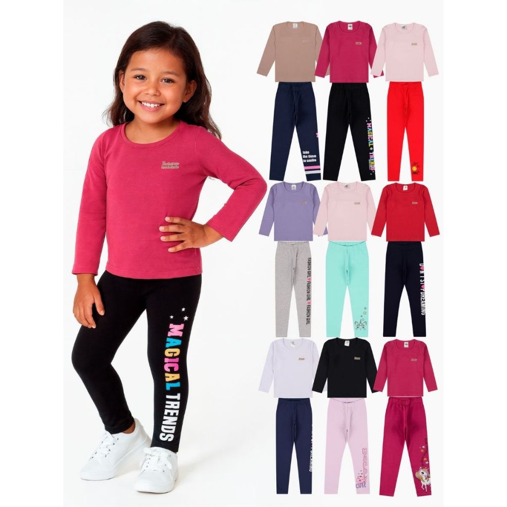 Kit 4, 6 ou 12 Peças Conjunto Blusa Manga longa e Legging Bebe Menina Infantil Cotton Roupa Bebe Meia Estação para Frio em Oferta na Shopee