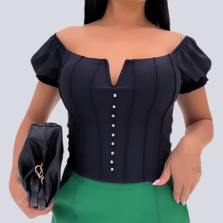 Blusa feminina estilosa com bolinhas e almofada no peito em Oferta na Shopee