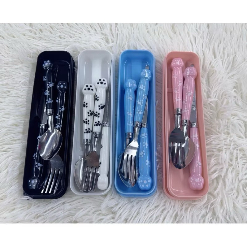 Kit 3 Garfo Colher e faca Aço Inoxidável 4 cores Pé de gato em Oferta na Shopee