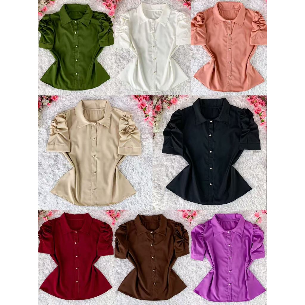 Blusa Camisa Feminina Pérola Clássica com Mangas Franzidas -0271