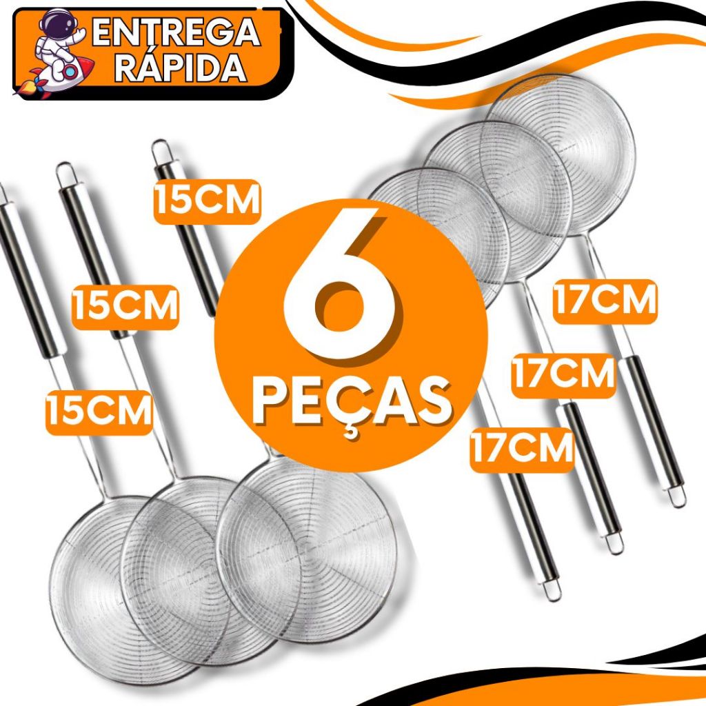KIT JOGO 6 Escumadeira Aramada Resistente Fritura Inox 37,5CM De Comprimento Batata Pastel Resistente Multiuso Universal
