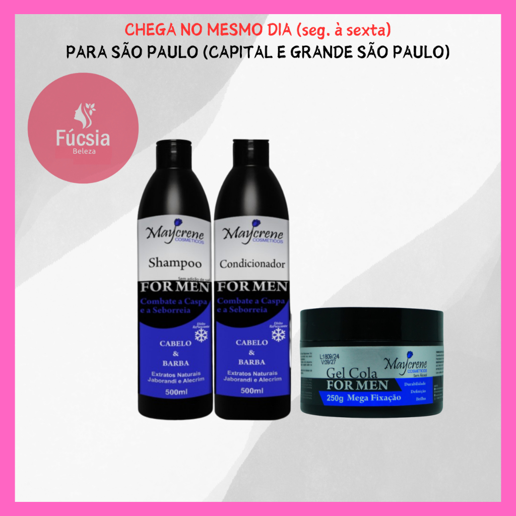 Kit de Tratamento Shampoo, Condicionador e Gel Cola Cabelo e Barba For men 500ml Maycrene