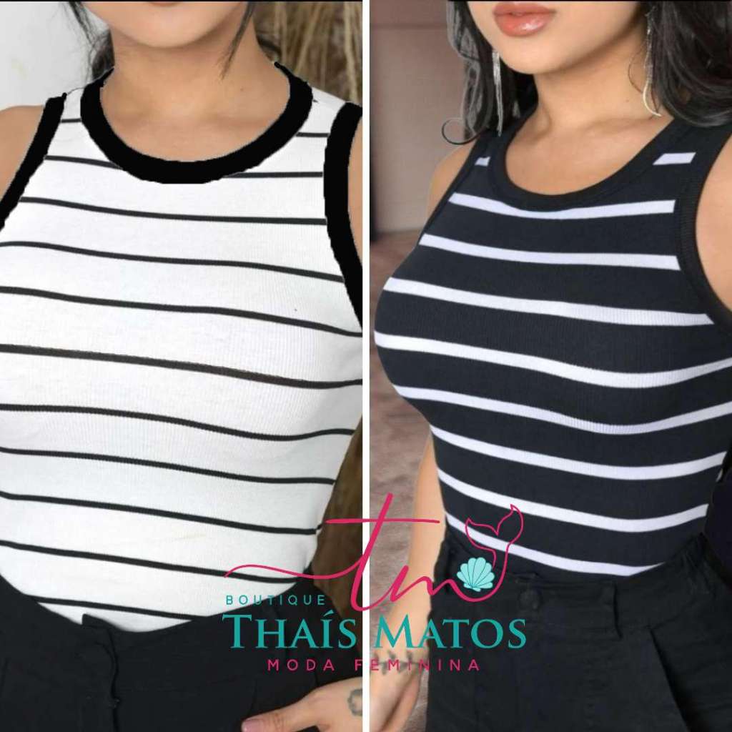 Regata Canelada Listrada e Lisa Ribana Camiseta Básica Blusa Dia a Dia Moda Gringa Regata ...