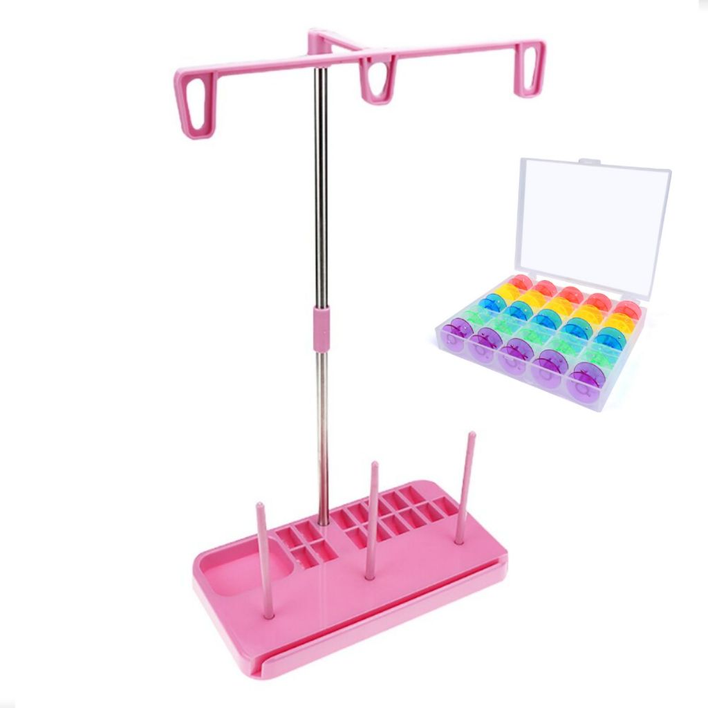 Porta Fio Rosa para Máquina Singer Facilita Pro 4411, 4423, 4432 + Estojo com 25 Bobinas Baixas