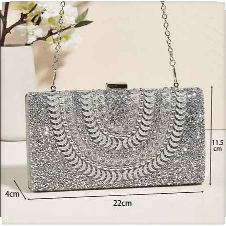 Bolsa PRATA de Festa Luxuosa com Brilho para Casamento e Jantares Clutch Feminina com Alça Y1055