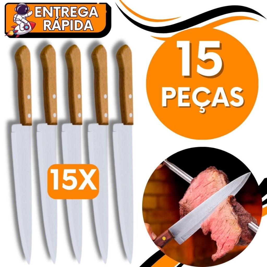 KIT JOGO 15 Faca de Cozinha 7" Aço Inox Cabo de Madeira Carne Salada Legumes Churrasco Açougue Profissional Casa