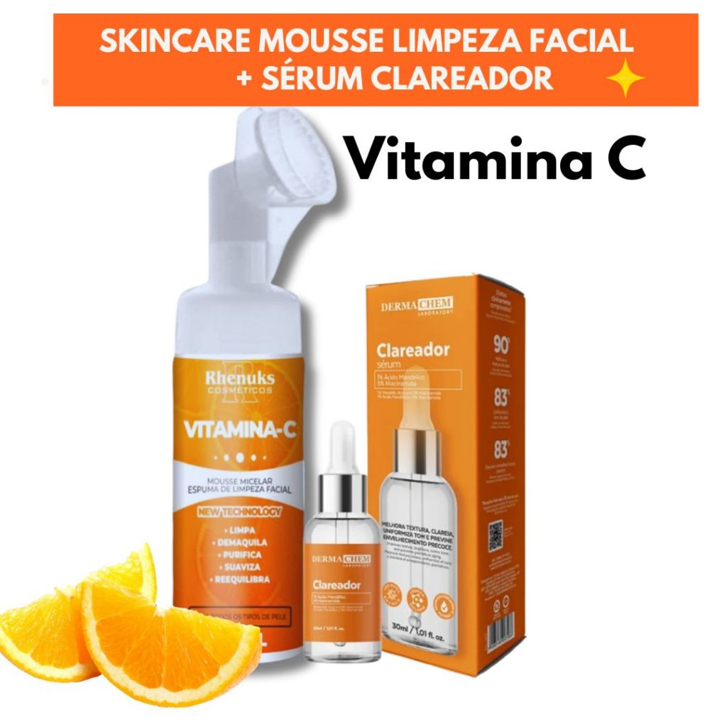 Kit Skincare Mousse Limpeza Facial Vitamina C Rhenuks 150ml + Sérum Clareador Dermachem 30ml