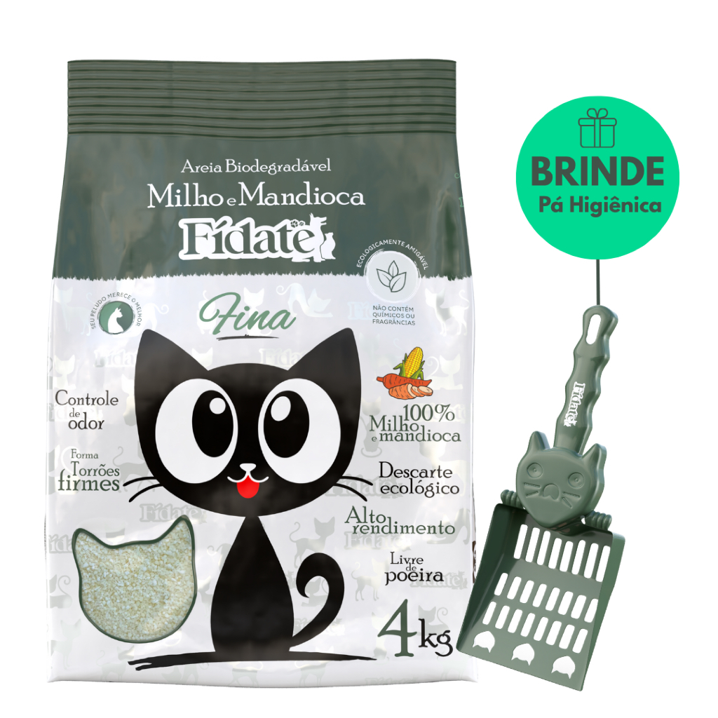 Areia Para Gatos Biodegradável Fídate 4kg Milho e Mandioca Grãos Finos + Brinde Pá Higiênica