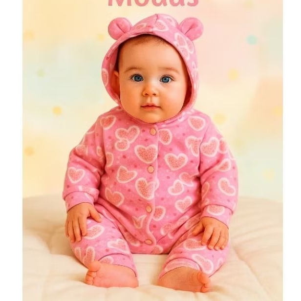 Macacão Longo Malha Esponja Meia Estação Punho e Touca com Orelhinhas Menina P M G GG 1 a 2 anos