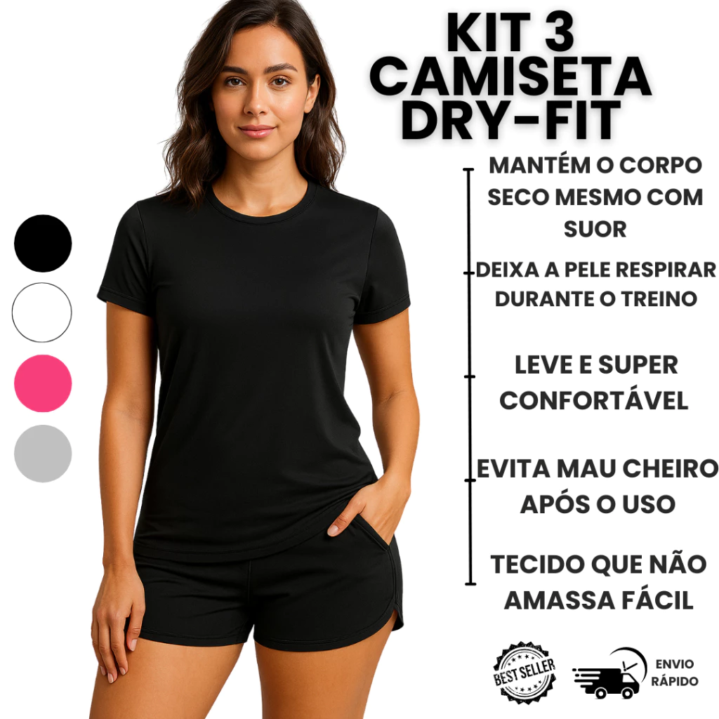 Kit 3 Camisetas Dry Fit Feminina Anti Suor Academia — imagem 1
