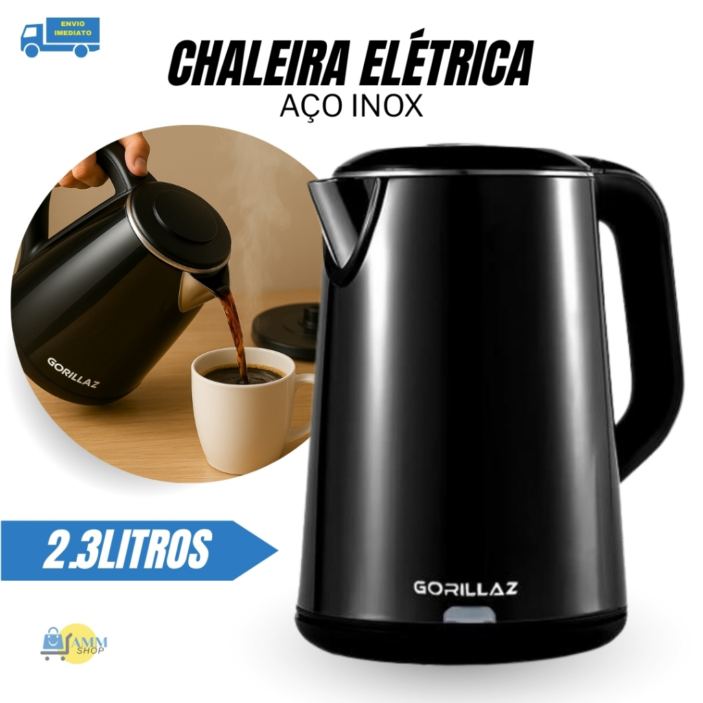 Chaleira Elétrica Preta 110V Qualidade Inox 2,3l Bule Eletrico Gourmet Desligamento Automatico