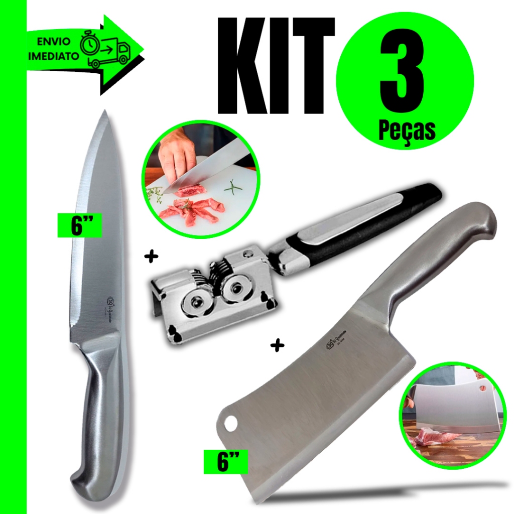 Kit Faca sendo 1Un Faca 6 "' + 1 Cutelo 6" + 1 Amolador de Facas  Linha Texas  Aço Inox p/ Cozinha Bar Restau