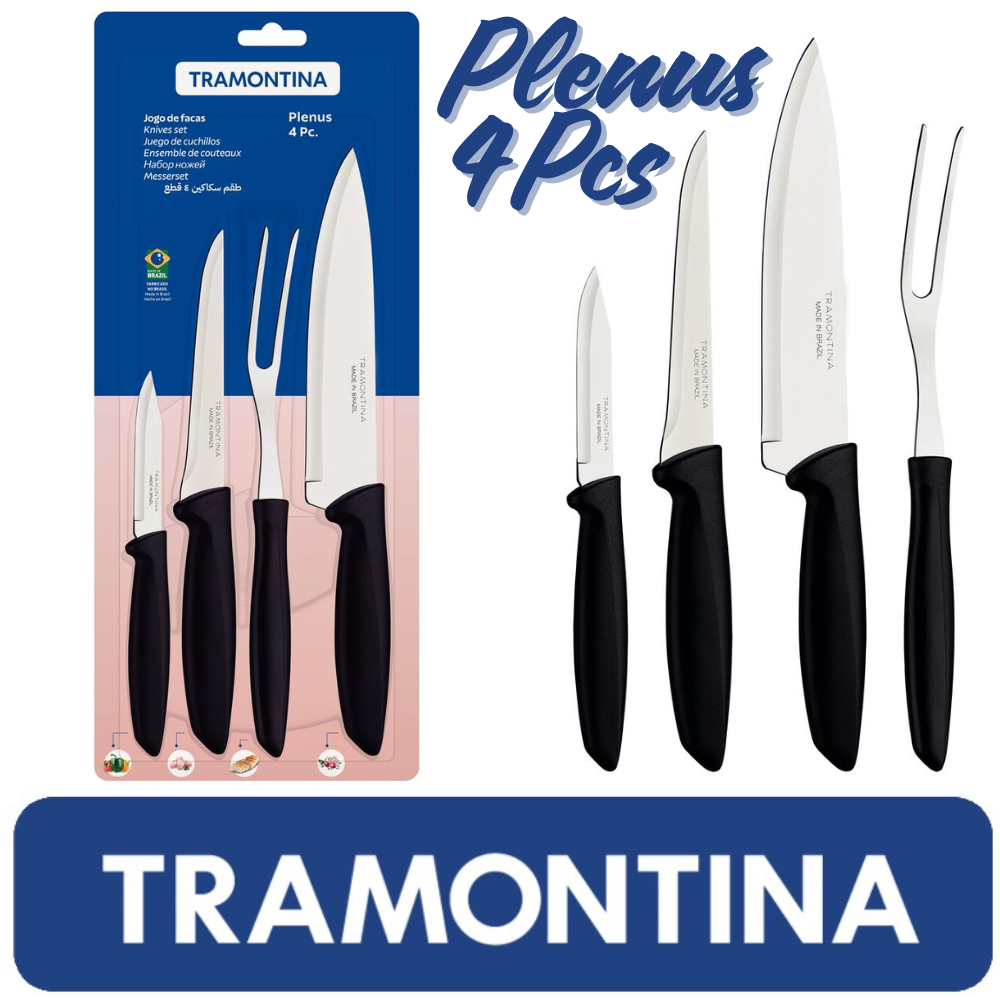 Jogo de Facas Tramontina Plenus com Lâminas em Aço Inox e Cabos de Polipropileno Preto 4 Peças em Oferta na Shopee