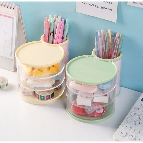 Organizador Caixa de Armazenamento de Mesa 2 em 1 – Suporte Giratório Multifuncional para Maquiagem e Papelaria