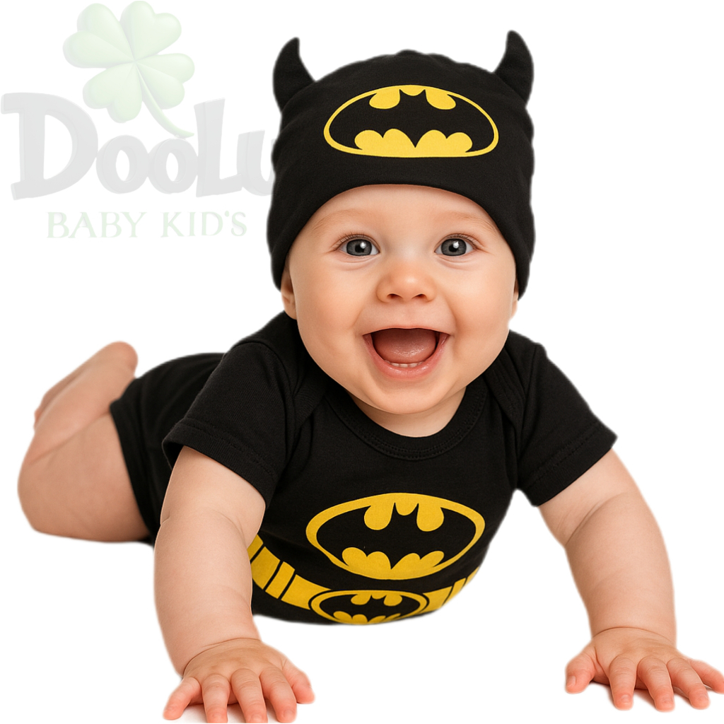Body de Bebê Batman + Touca Temático Mêsversario Batman Preto