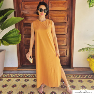 Vestido Feminino Midi Algodão Fenda Lateral Gola Ribana Barra a Fio ACABAMENTO SEM BAINHA Primavera Verão Estiloso em Oferta na Shopee