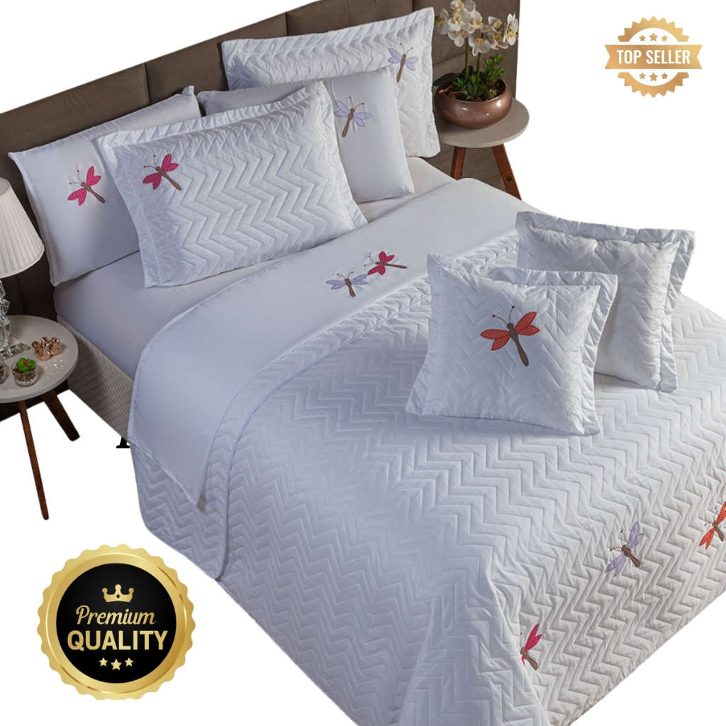 Kit Cobre Leito Colcha Queen 3 Peças Bordado Libélula