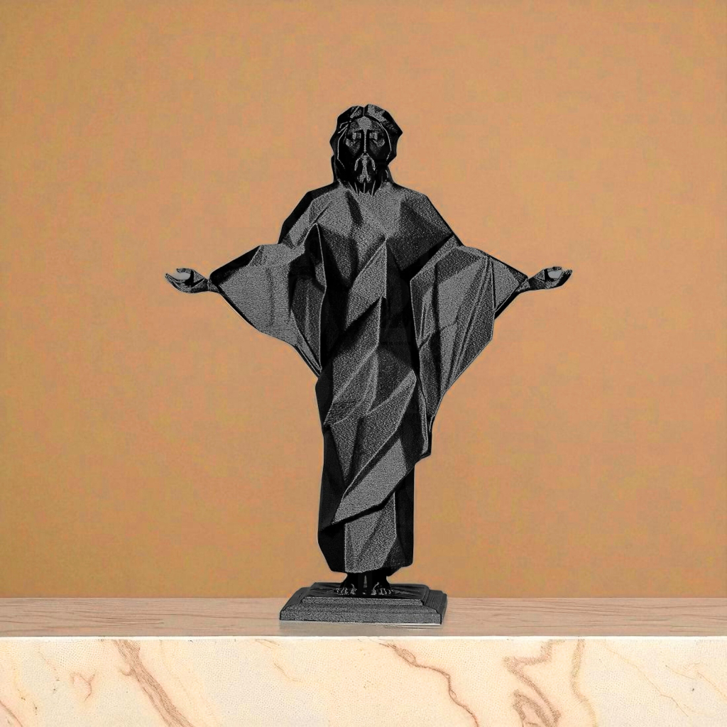 Escultura estátua imagem religiosa Jesus Cristo braços abertos fé minimalista geométrico arte sacra