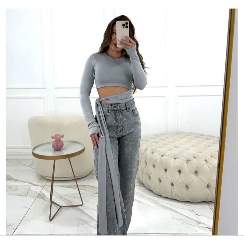 cropped ( Laura) Blusa manga luva longa amarração lateral