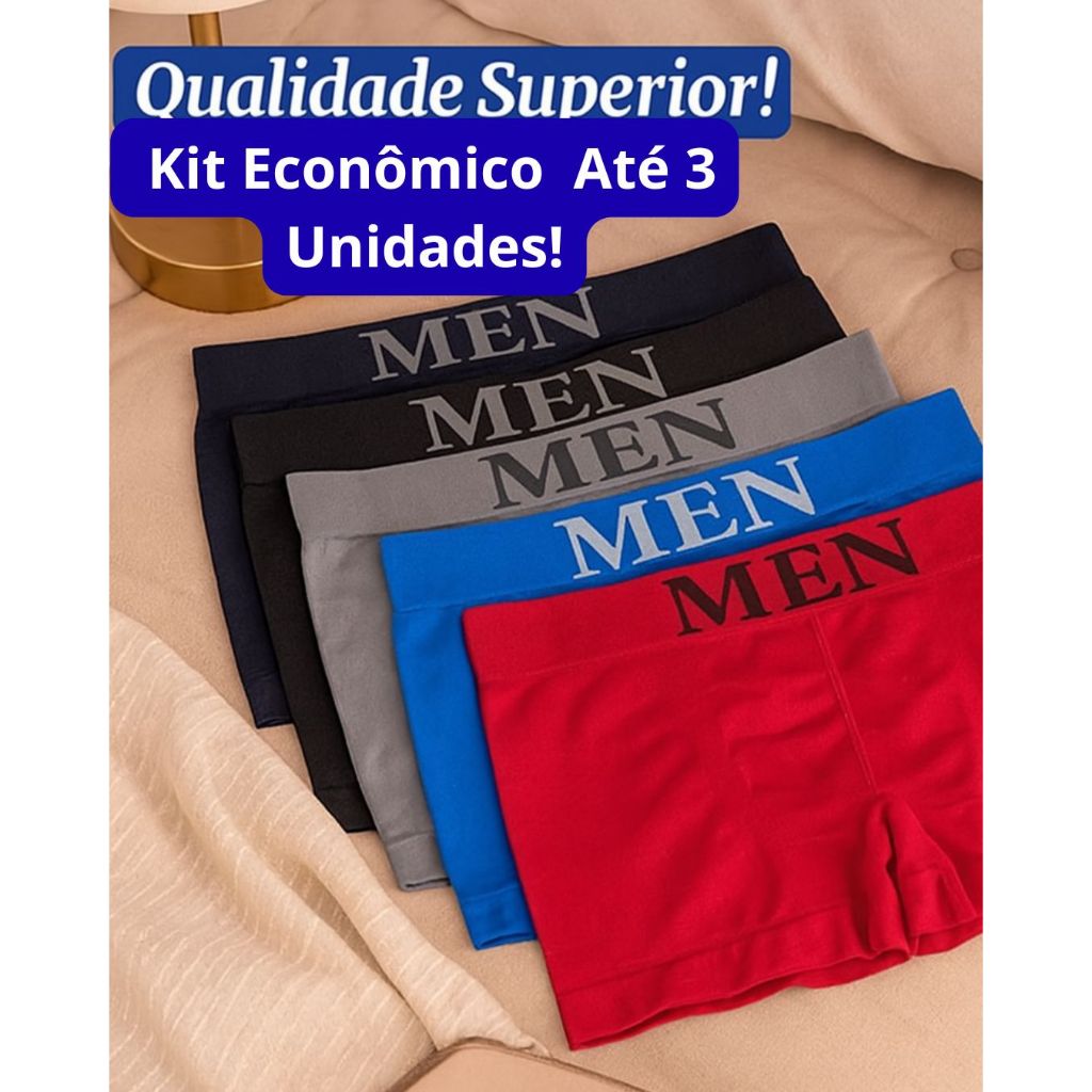 Cueca Boxer Masculina Kit com 1 a 3 Unidades Sem Costura, Confortável e Respirável