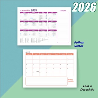 Planner Mensal 2026 - Agenda Calendário - 14 Folhas A4 - Organizador de cronograma em Oferta na Shopee