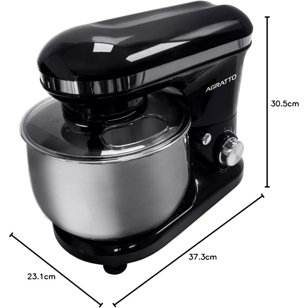 Batedeira Planetaria Suprema Preta 5 litros 700W Agratto Tigela Inox 3 Batedores 12 velocidades 220V