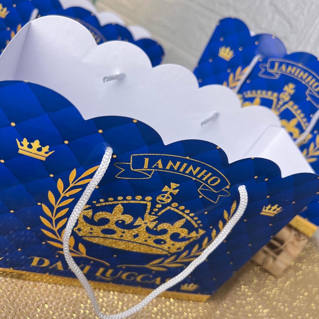 Sacolinhas personalizadas para aniversário menino realeza coroa azul lembrancinha bolsinha para doce