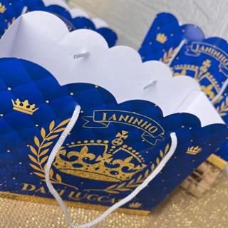 Sacolinhas personalizadas para aniversário menino realeza coroa azul e dourado sacolinha lembrancinha bolsinha para doce em Oferta na Shopee