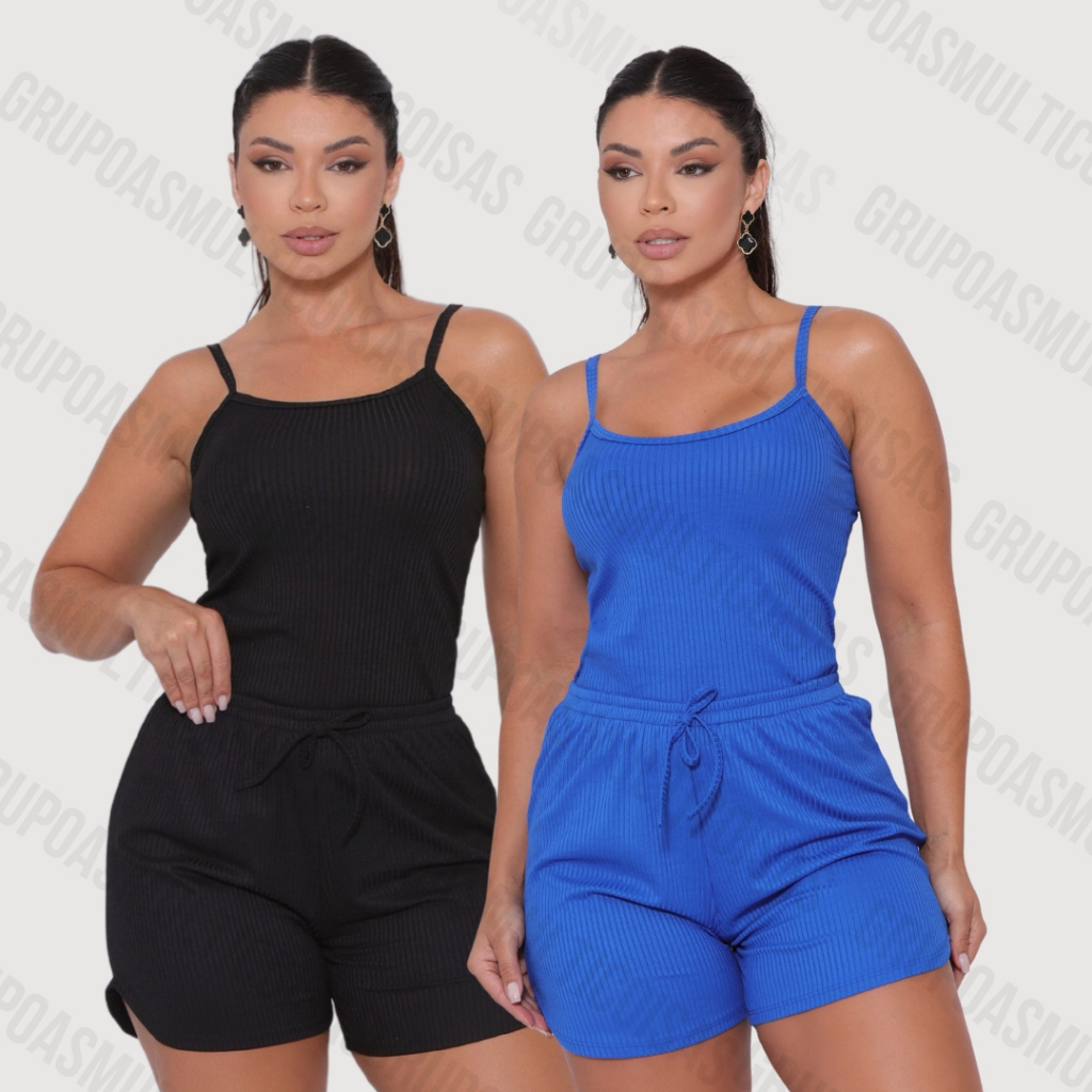 CONJUNTO MALHA CANELADO FEMININO REGATINHA DE ALCINHA E BERMUDINHA SHORT USO CASUAL em Oferta na Shopee