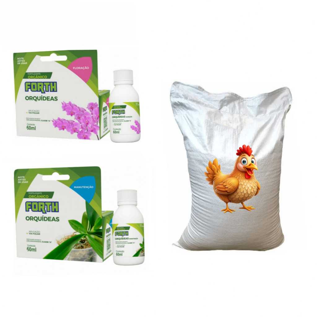 kit orquidea floração 60ml + manutenção 60ml + esterco de galinha 500g