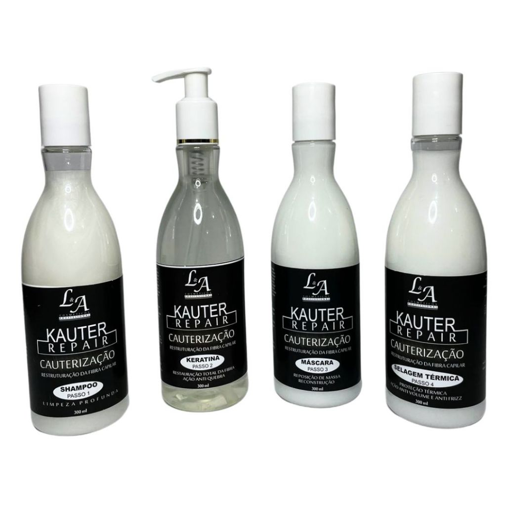 Kit Completo Cauterização Kauter Repair L&A Cosméticos - Reconstrução Total 4x300ml Salão em Casa