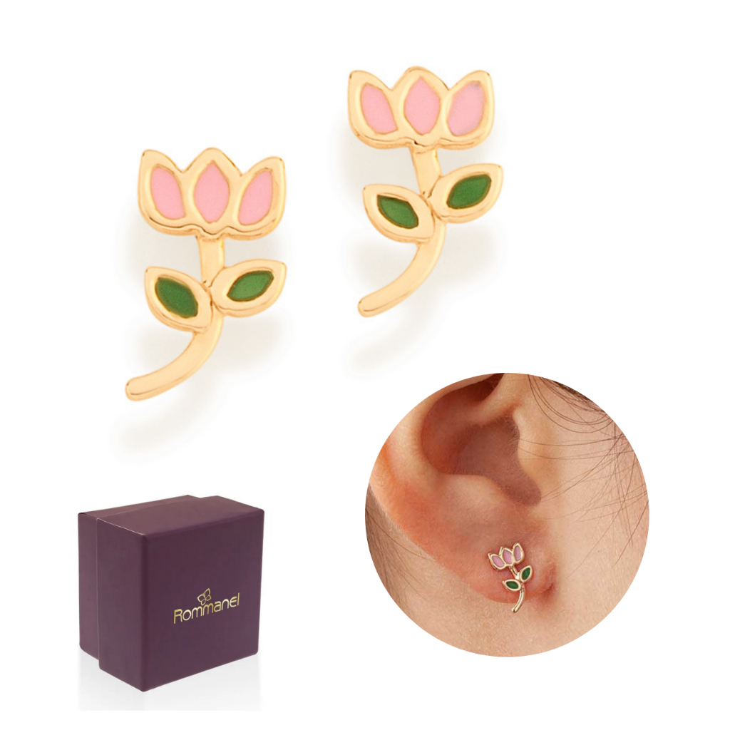 Brinco Infantil Rommanel Flor Tulipa Banhado Ouro 18k 526501 em Oferta na Shopee