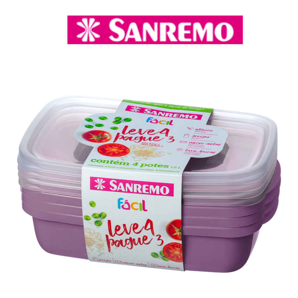 Kit 4 Potes Grandes Sanremo 1,8L Organizador de Frutas Geladeira Cozinha Hermético