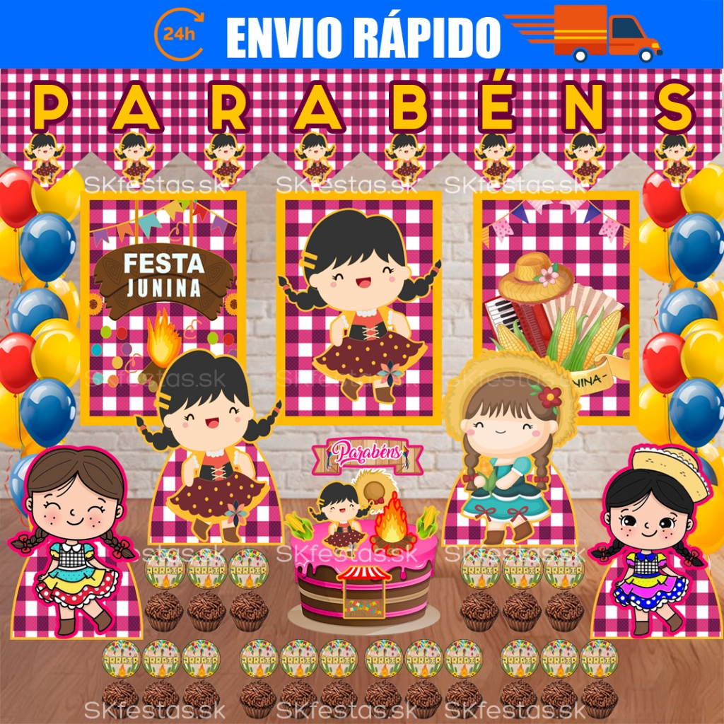 Kit Festa - Festa Junina Menina -  Arraiá Menina - Aniversário - Festa - Mêsversário