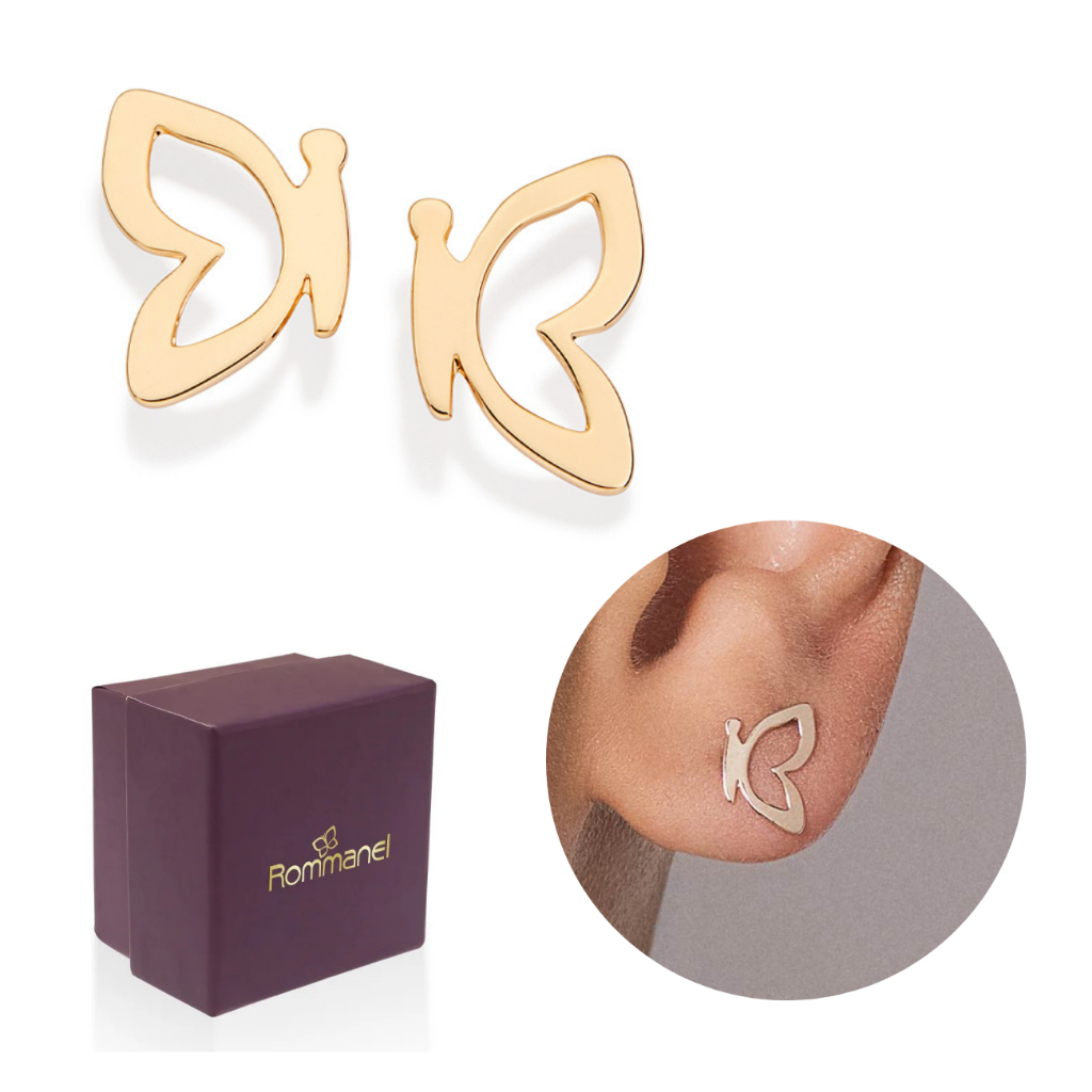 Brinco Rommanel Borboleta Com Asas Vazadas Banhado A Ouro 18k 527402 em Oferta na Shopee
