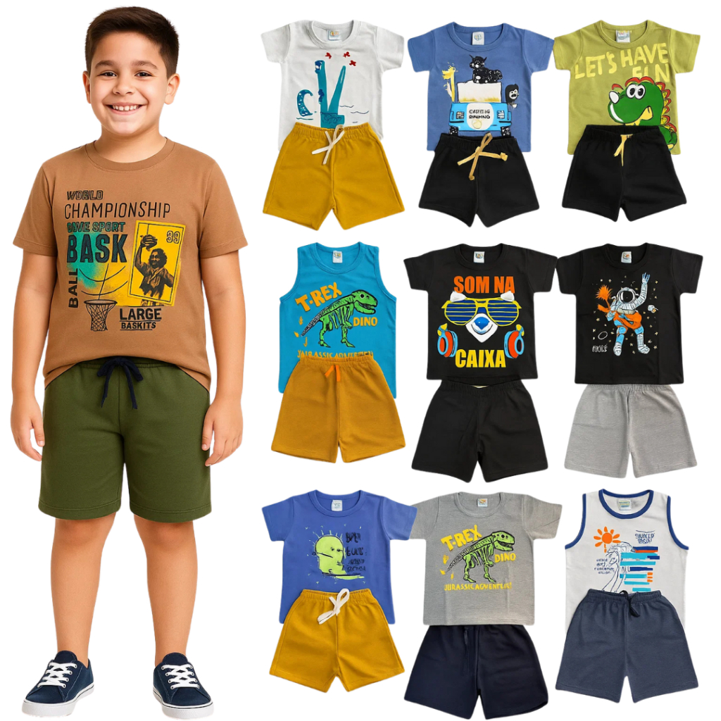 Kit 4 Peças de  Roupas Infantil para Menino - 2 Camisetas e 2 Bermudas - Conjuntos Menino Infantil Verão Tamanho 1 ao 14