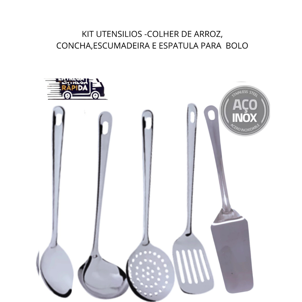 KIT 5 UTENSILIOS EM INOX LINHA RECIFE - ESCUMADEIRA CONCHA COLHER DE ARROZ ESPATULA VAZADA E ESPATULA PARA BOLO PUDIM