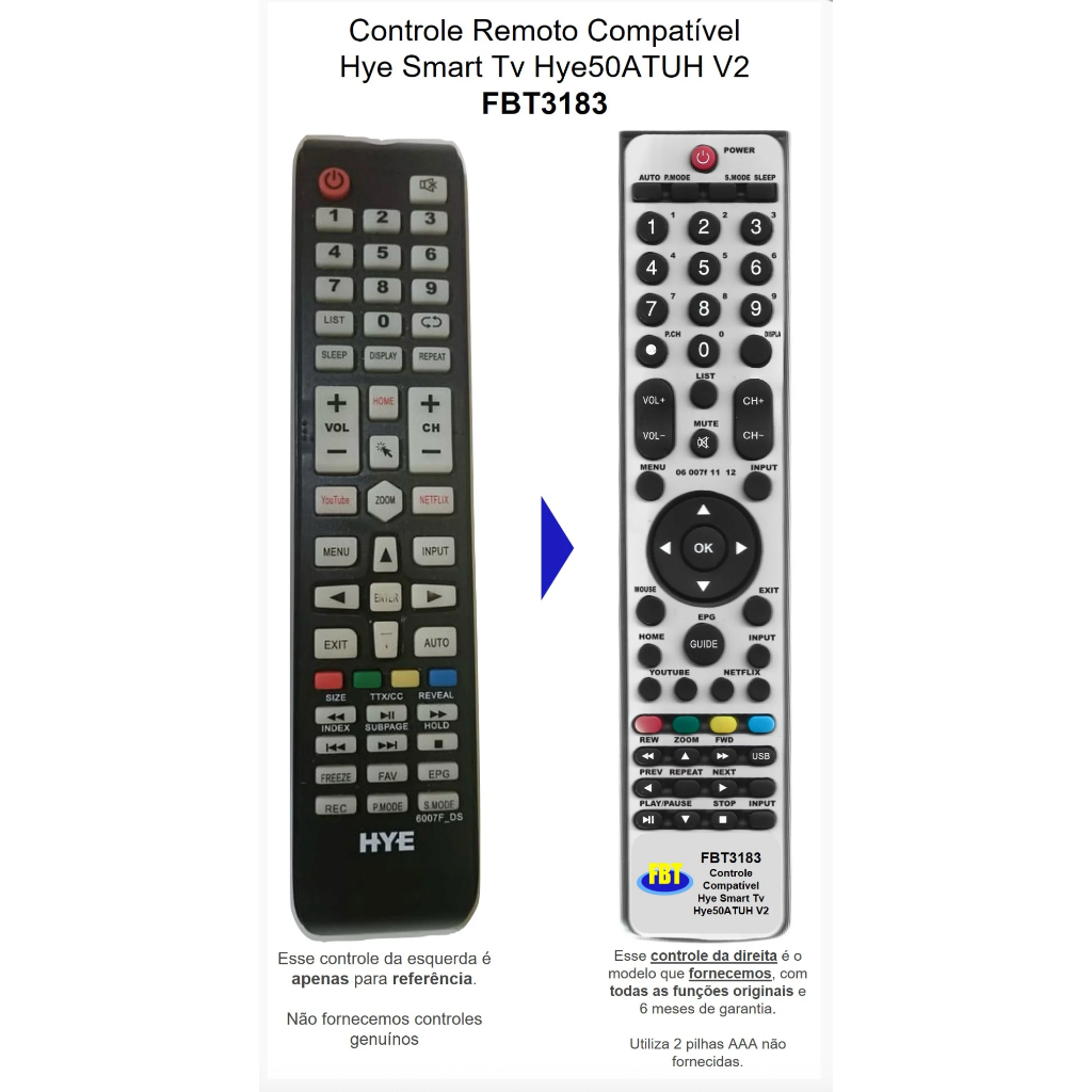 Controle Remoto Compatível Hye Smart Tv Hye50atuh(v2) FBT3183