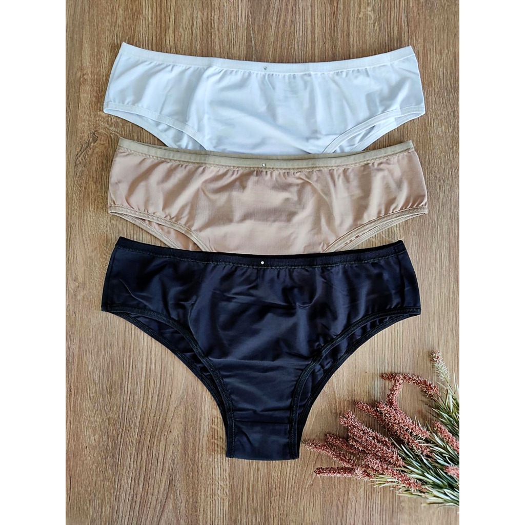 Kit com 3 calcinhas conforto pérola de microfibra com detalhe no elástico em Oferta na Shopee