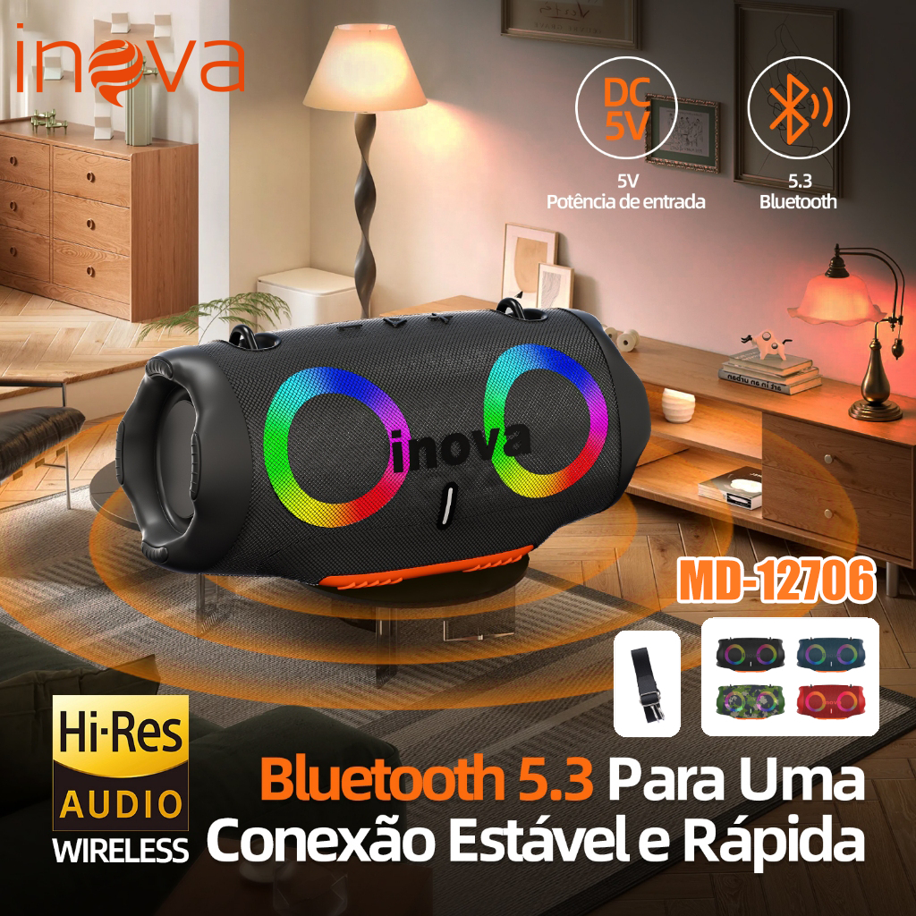INOVA Caixa de Som Bluetooth Portátil 16W HiFi TWS Caixinha de Som com RGB FM IPX6 Som Estéreo Graves Intensos, md12706