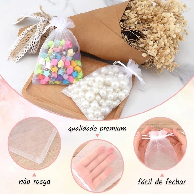 Kit 100 Saquinhos Organza Branco 7x9 a 20x35 para Lembrancinhas, Casamento e Festa