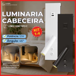 Luminária Arandela para Cabeceira Led 12W Com Carregamento USB Luz Quente Bivolt