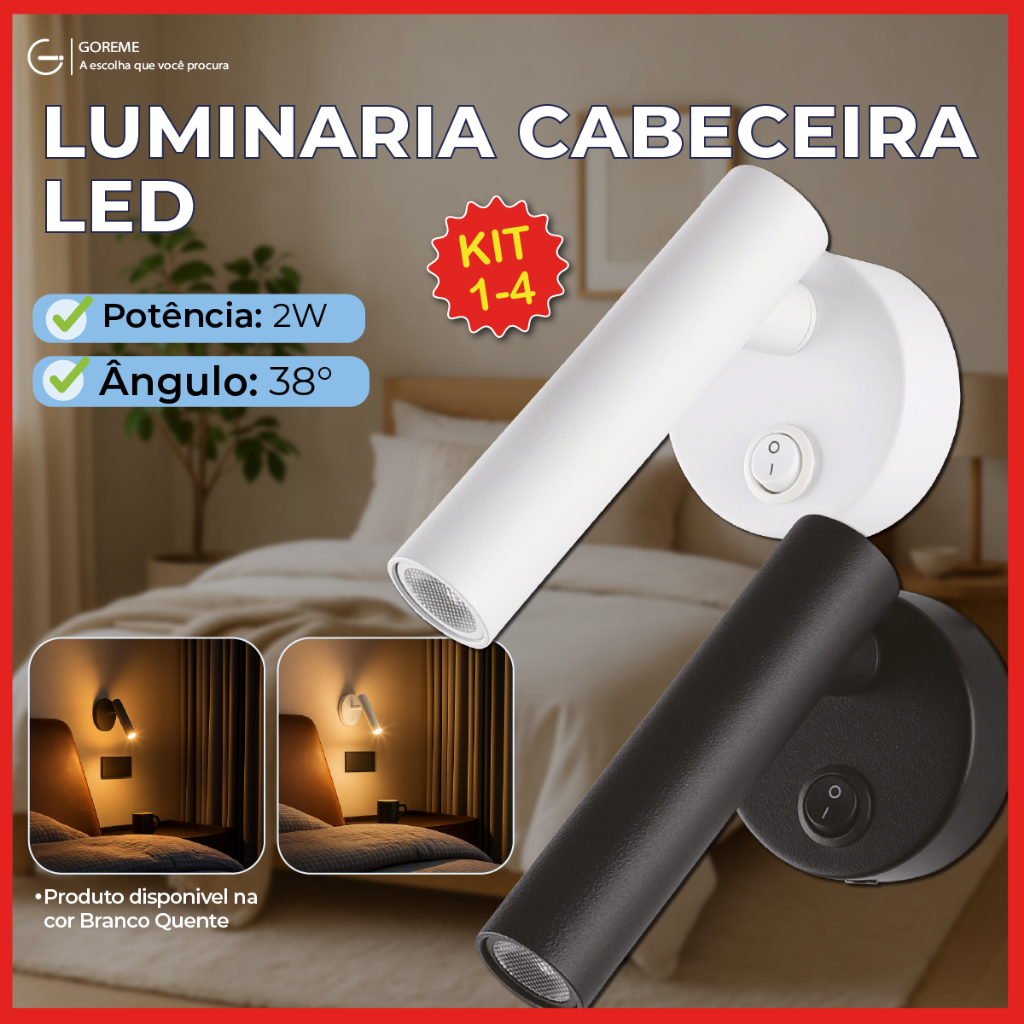 kit1/2/3/4 Luminária Arandela para Cabeceira Led 2W Recarregável Luz Quente Ajustável Bivolt