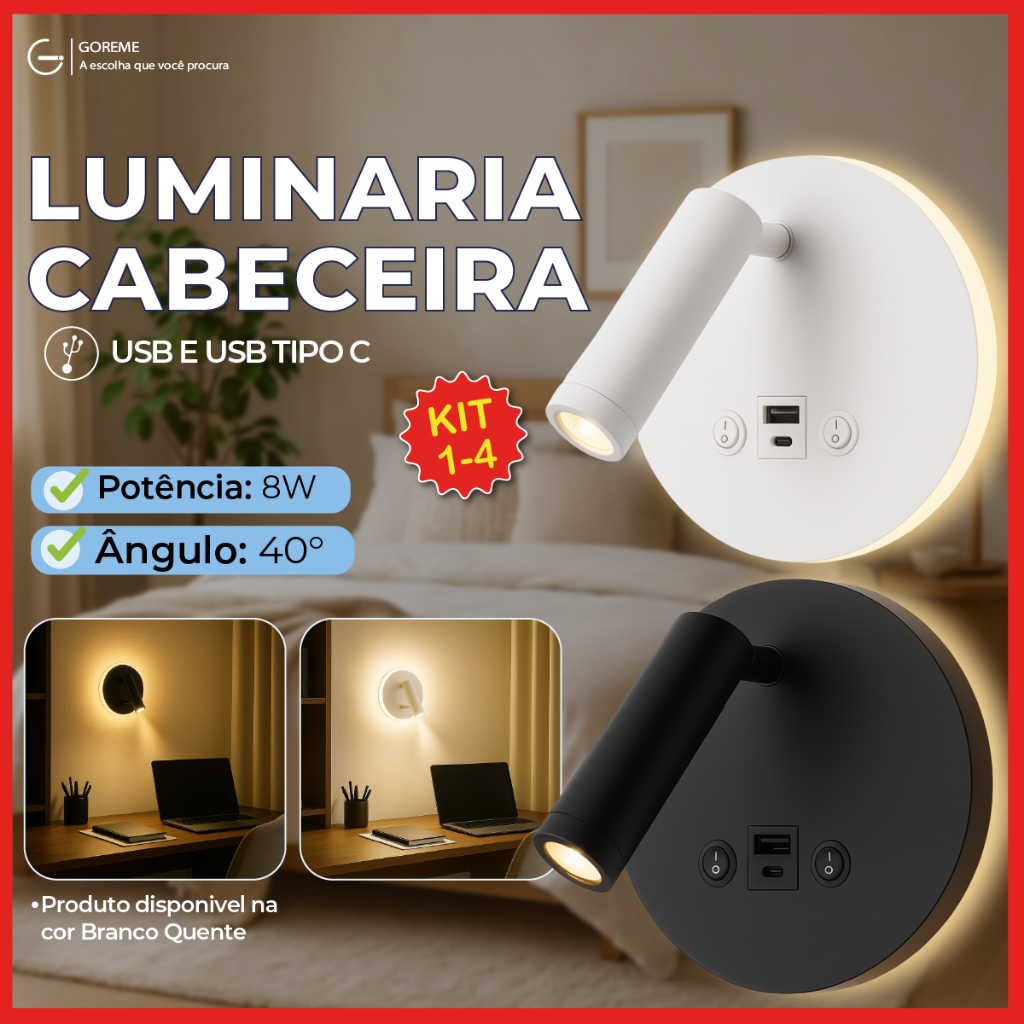 Luminária Arandela Cabeceira Led 8W Recarregável Branco ou Preto Luz Quente Ajus