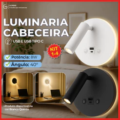 Luminária Arandela Cabeceira Led 8W Recarregável Branco ou Preto Luz Quente Ajustável Bivolt