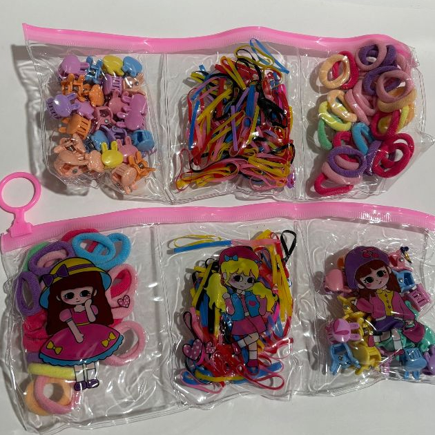 Kit 6/12/24 bolsinha com Elástico e Grampo De Cabelo Feminino Saco ziplock de desenho animado