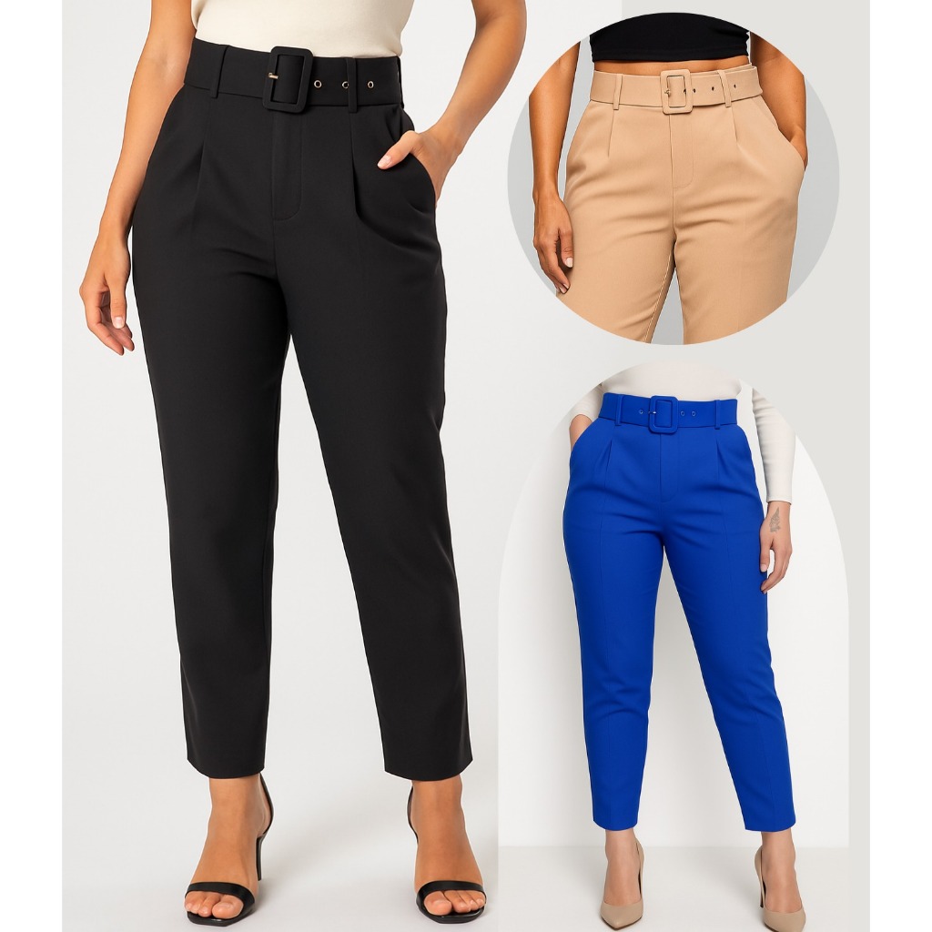 Calça Feminina Social Alfaiataria com Cinto Cintura Alta Skinny Com Bolso Moda Elegante Luxo Premium em Oferta na Shopee